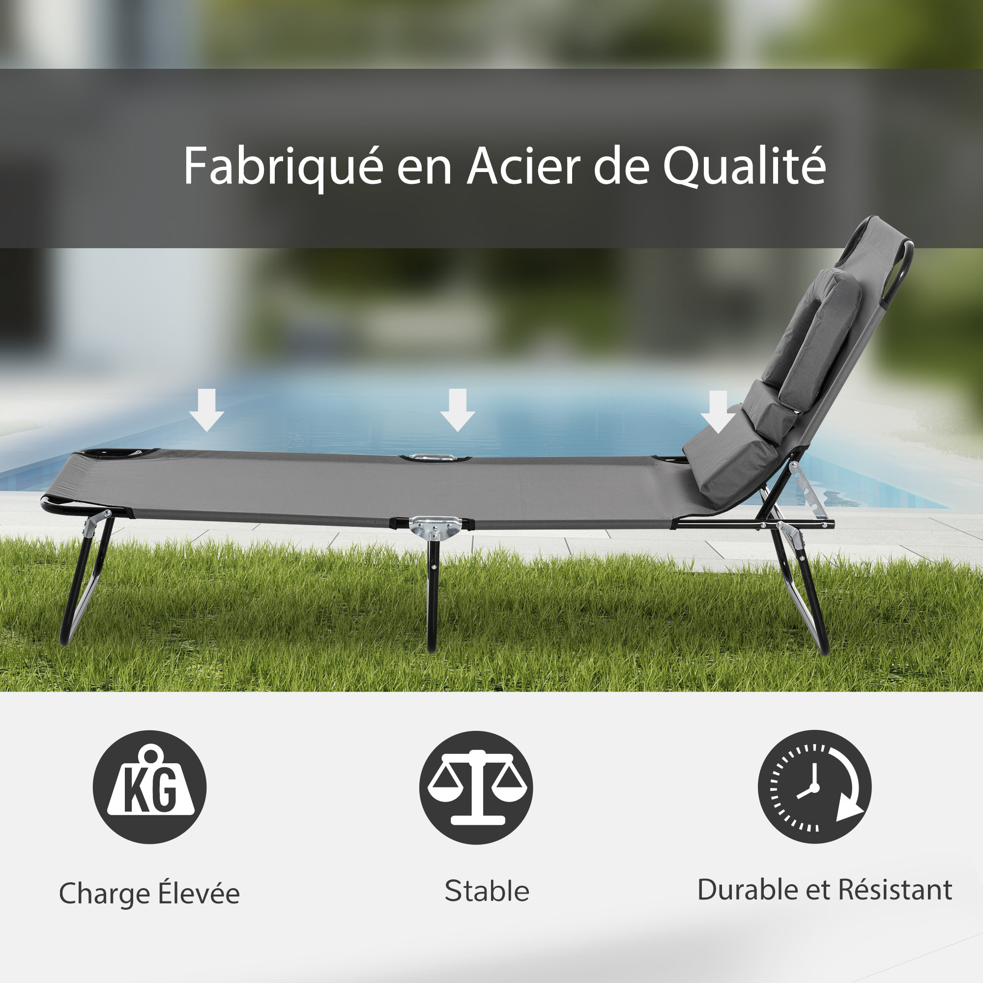 Bain de soleil pliable transat inclinable 4 positions chaise longue de lecture 3 coussins fournis gris