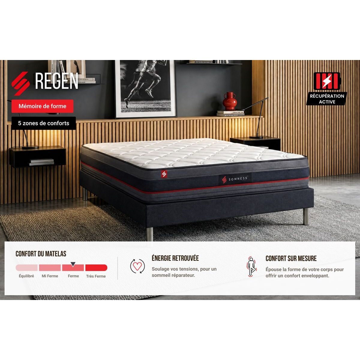 Matelas Mémoire de forme - Confort ferme et accueil enveloppant - 24 d'épaisseur, 5 zones de confort - Bien-être nuit après nuit - 1 place