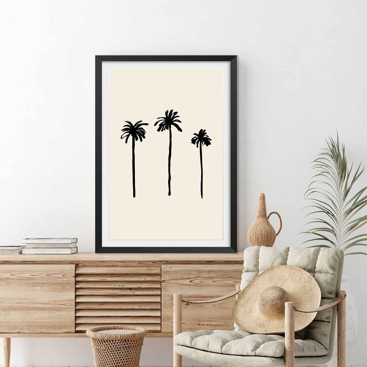 Affiche deco three black palm tree Affiche sous cadre noir
