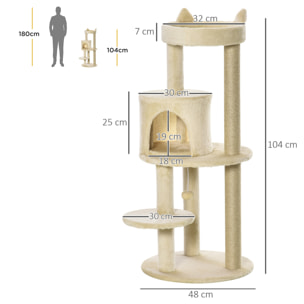 Árbol Rascador para Gatos de 104 cm Rascador para Gatos con Plataformas Refugio Postes de Sisal y Bola Colgante 48x48x104 cm Crema