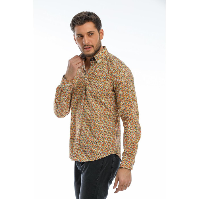 Camicia Uomo 1 Bottoni Button Down Slim Popeline Fantasia Bianco e Arancio