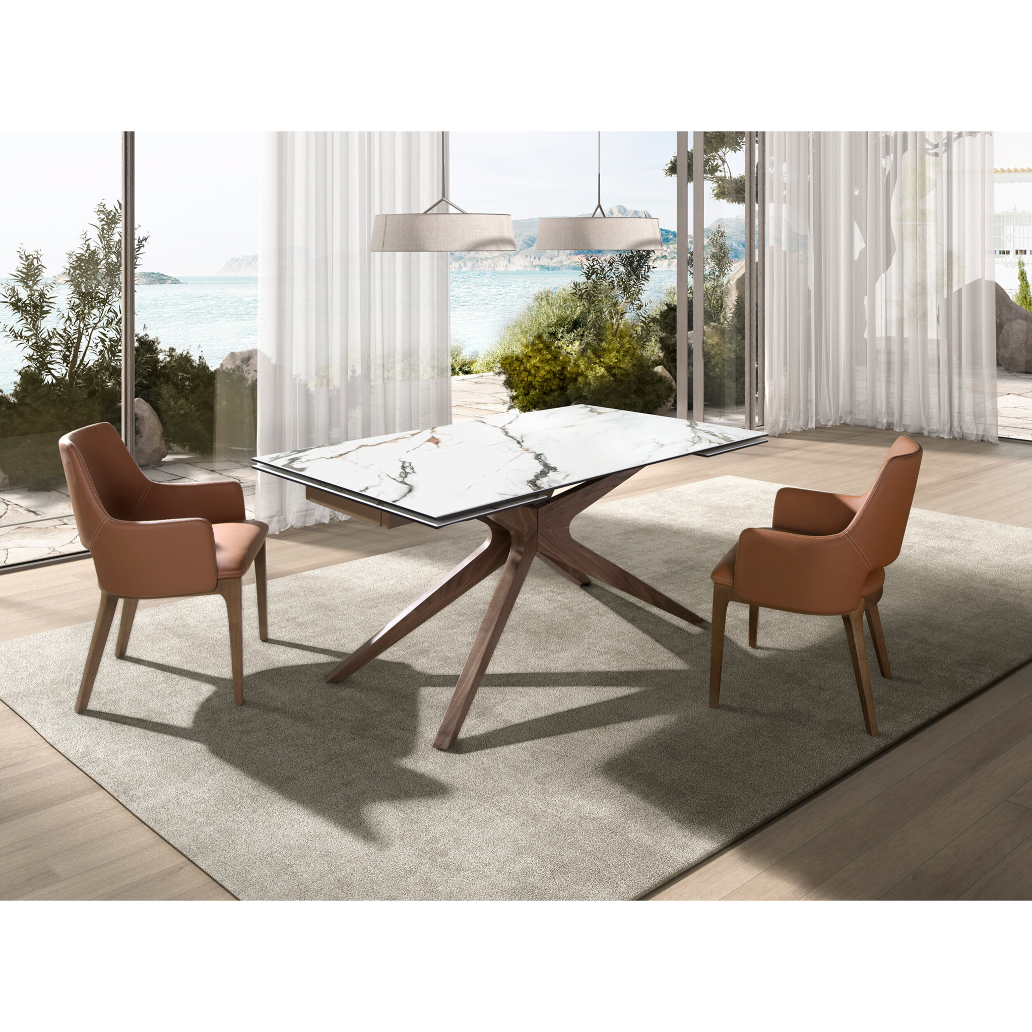 Mesa comedor extensible rectangular con tapa de mármol porcelánico blanco con vetas en tonalidades grises y detalles en óxido en acabado mate 160x100x76cm