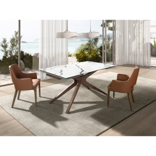 Mesa comedor extensible rectangular con tapa de mármol porcelánico blanco con vetas en tonalidades grises y detalles en óxido en acabado mate 160x100x76cm