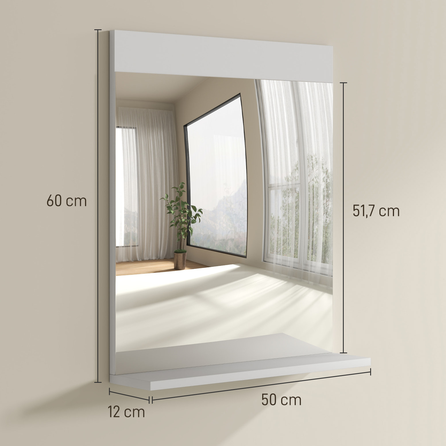 Espejo de Baño Espejo de Pared con Estante Abierto Espejo para Entrada Pasillo 50x12x60 cm Blanco