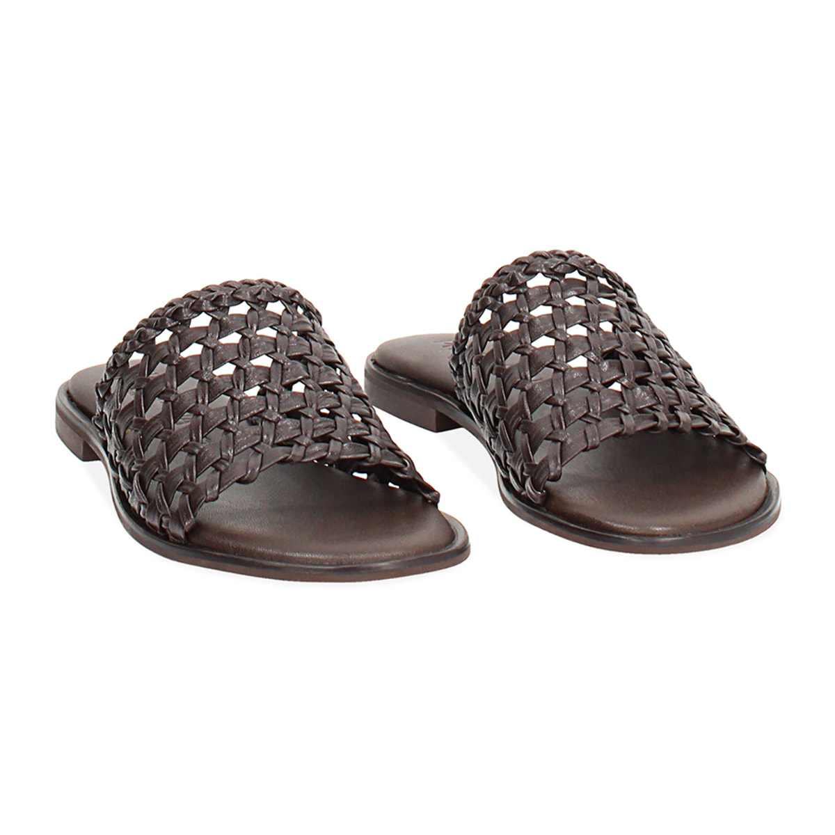 Sandalias bajos para mujer color marrón oscuro en cuero trenzado