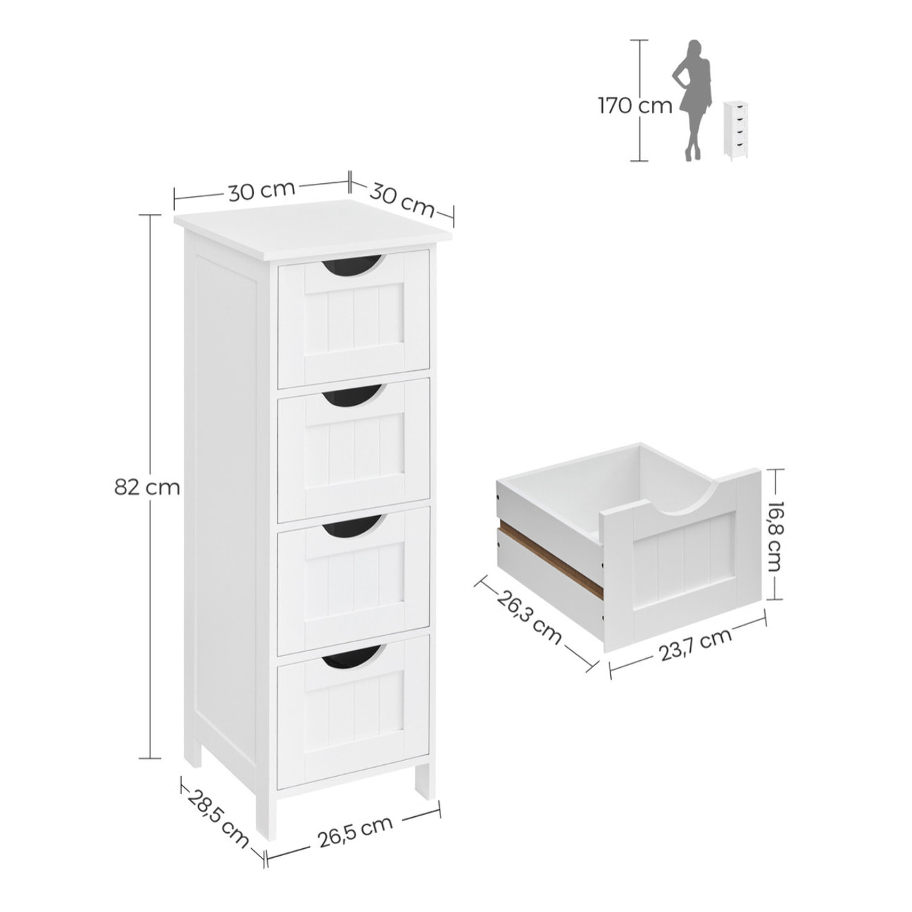 Mobiletto da Bagno Salvaspazio con 4 Cassetti in Legno Bianco