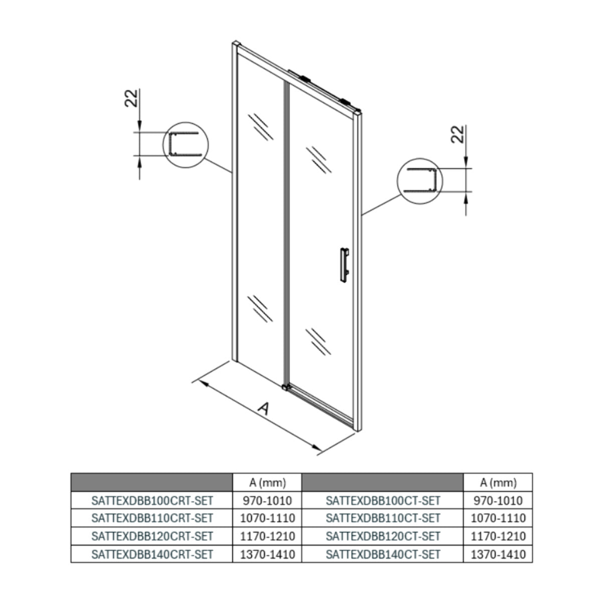 TEX BB Porte de douche 120x195cm coulissante anticalcaire avec profilés noir mat  (TEXDBB120CT-SET)