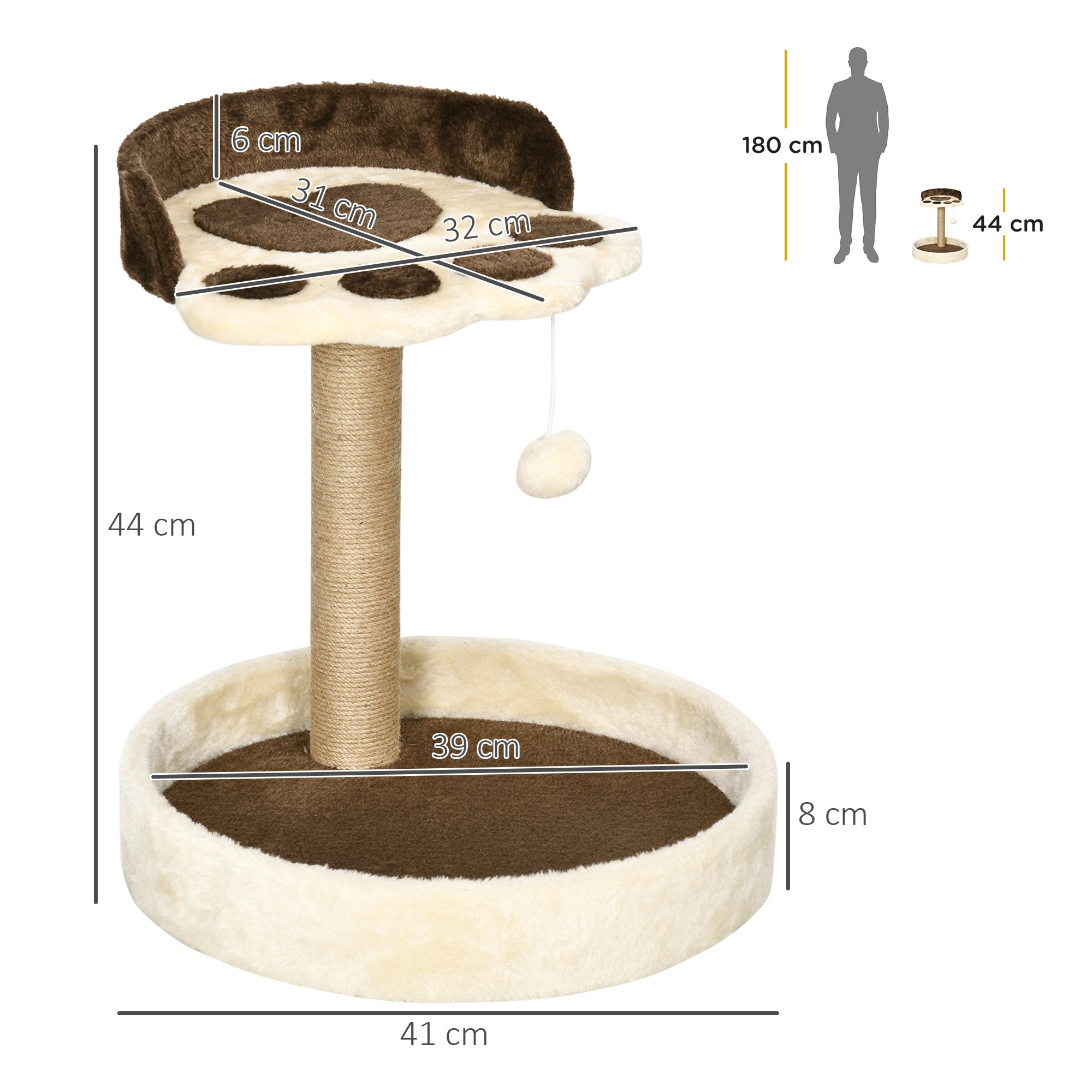 Árbol Rascador para Gatos, Árbol para Gatos, Altura 44 cm, Torre de Escalada con 2 Camas, Poste de Yute, Juguete Colgante, Marrón