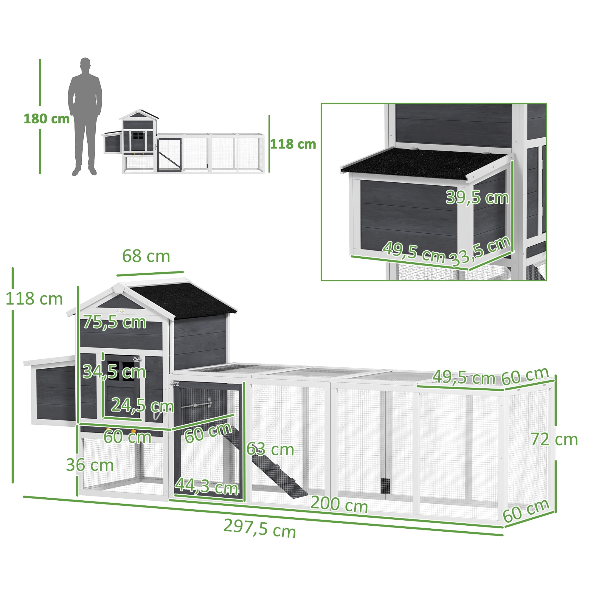 Poulailler surélevé avec enclos et pondoir - nombreux équipements - bois pin blanc gris