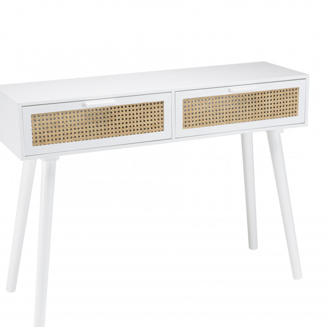 SANDRO - Console blanche 2 tiroirs cannage naturel