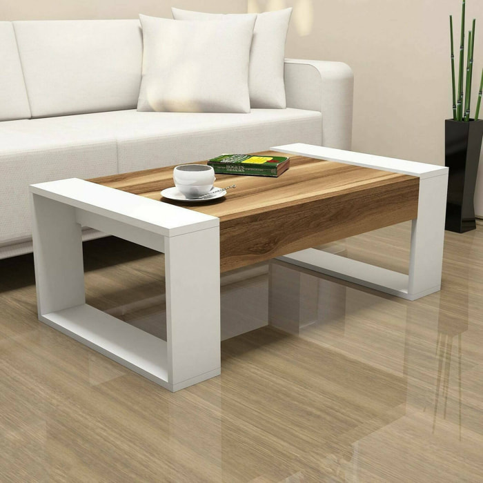 Tavolino da salotto Kaffa, Tavolo basso da caffè, Portariviste per divano, Ripiano da soggiorno, 102x60h38 cm, Noce e Bianco