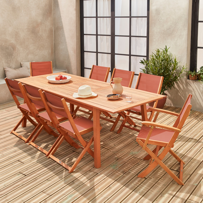 Table de jardin extensible bois d'eucalyptus + 8 assises en bois d'Eucalyptus huilé et textilène terracotta
