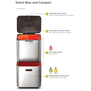 Totem Compacte poubelle avec séparation des déchets et recyclage, 40 litres, filtre à charbon actif, acier inoxydable (30063)