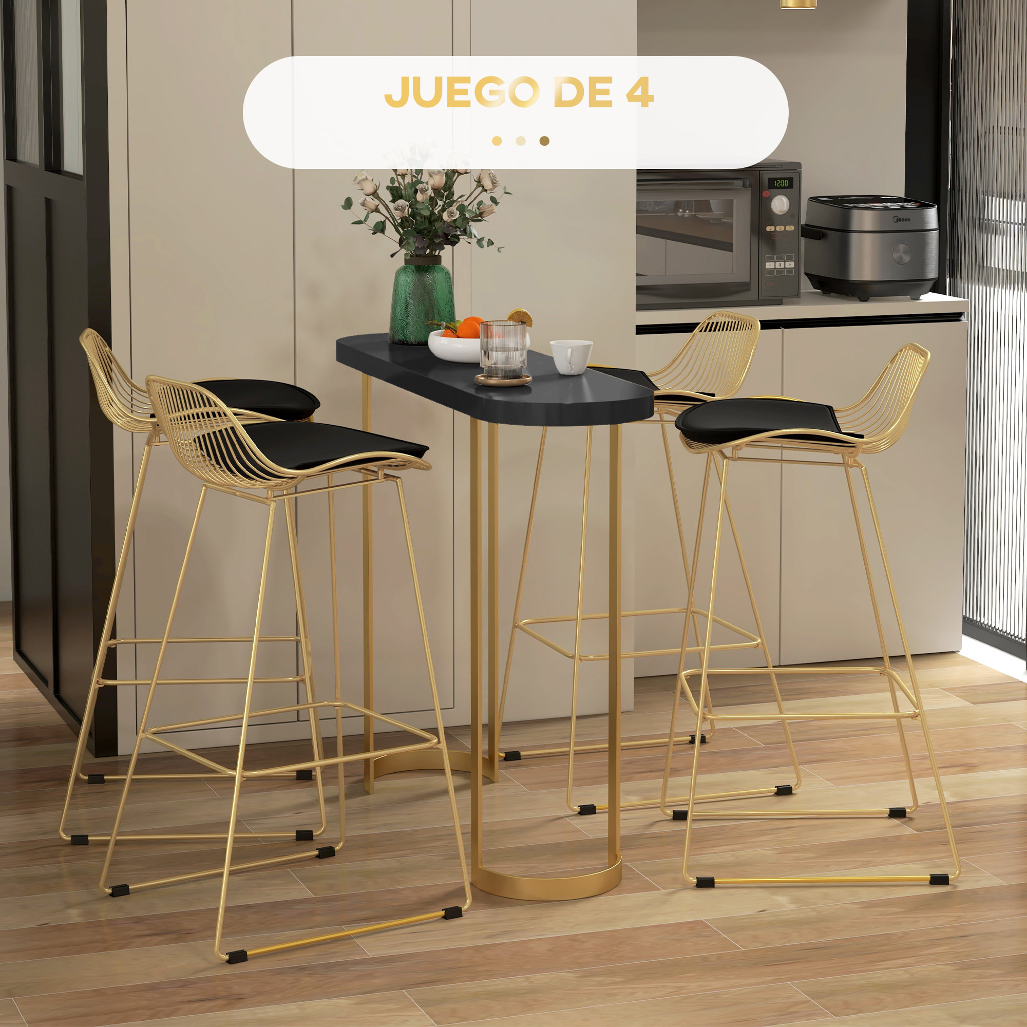 Conjunto de 4 Taburetes de Bar Taburetes Altos de Cocina con Cojín de Terciopelo Respaldo y Reposapiés Estilo Moderno Carga 120 kg para Comedor Sala 46,5x48x93 cm Dorado