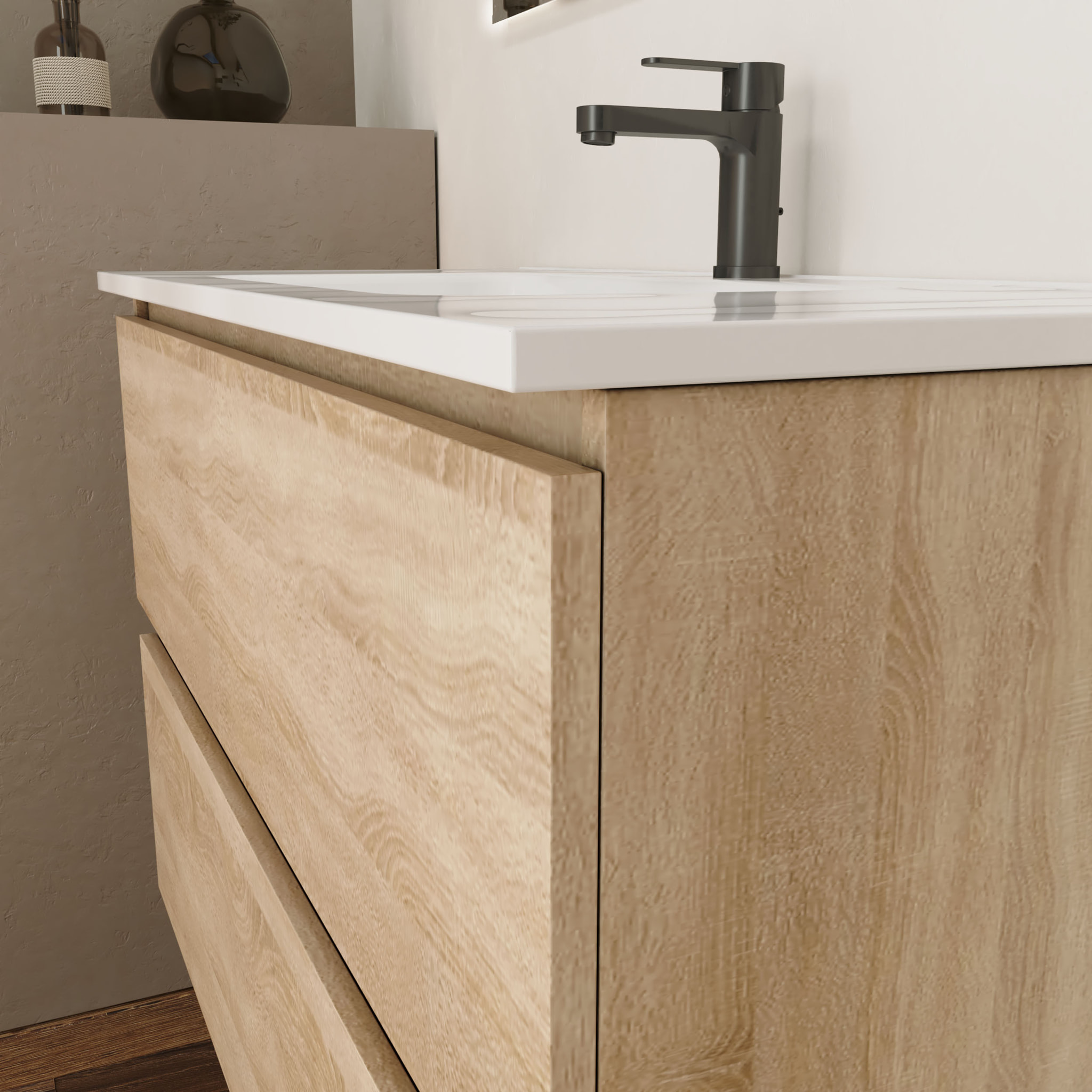 Conjunto de Baño Kaji | Mueble de Baño Suspendido | 80 cm Bardolino| Dos Cajones | Lavabo Encastrado | No incluye Espejo | Alday