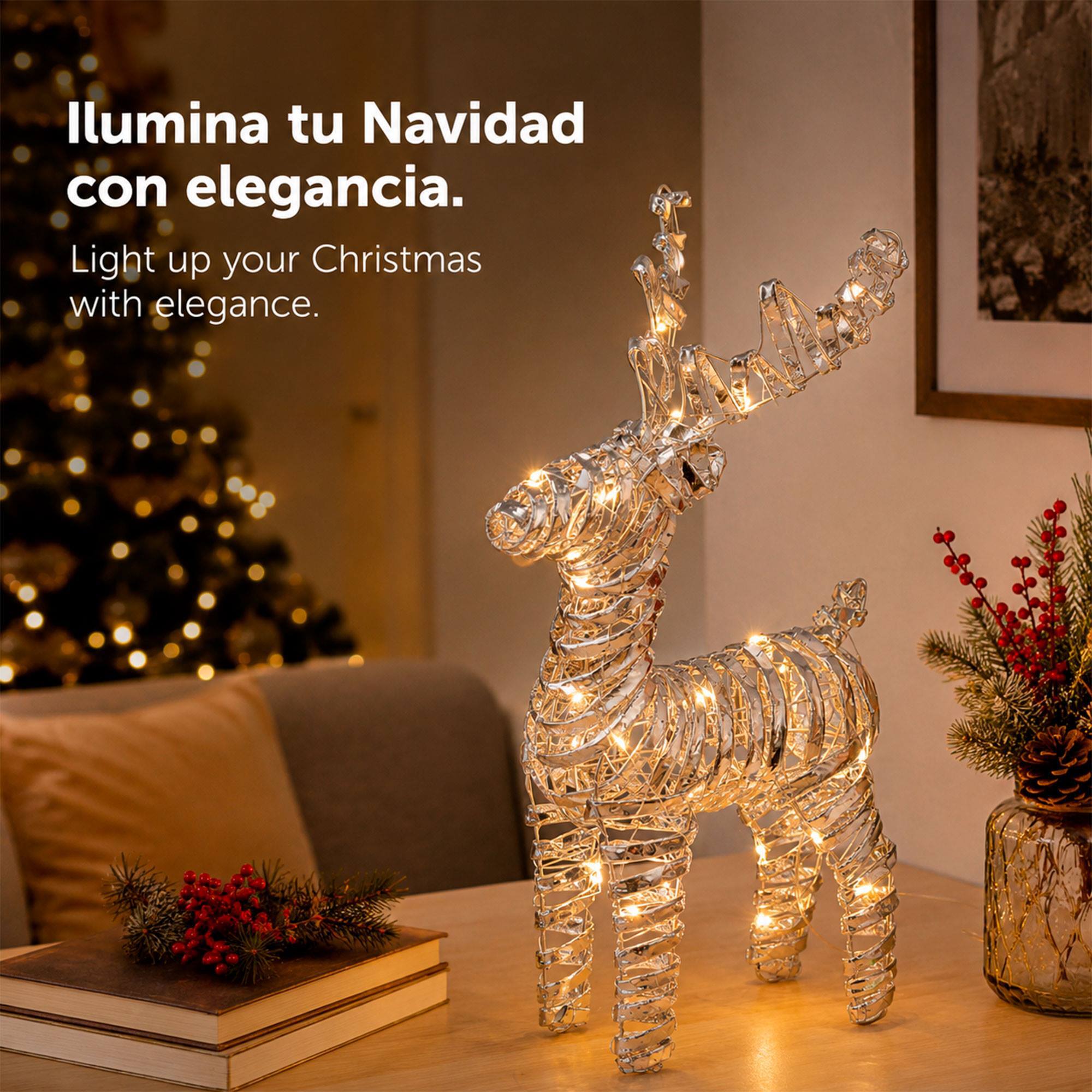 Reno navideño led plateado con 25 microled blanco cálido, con temporizador 20x7x34 cm