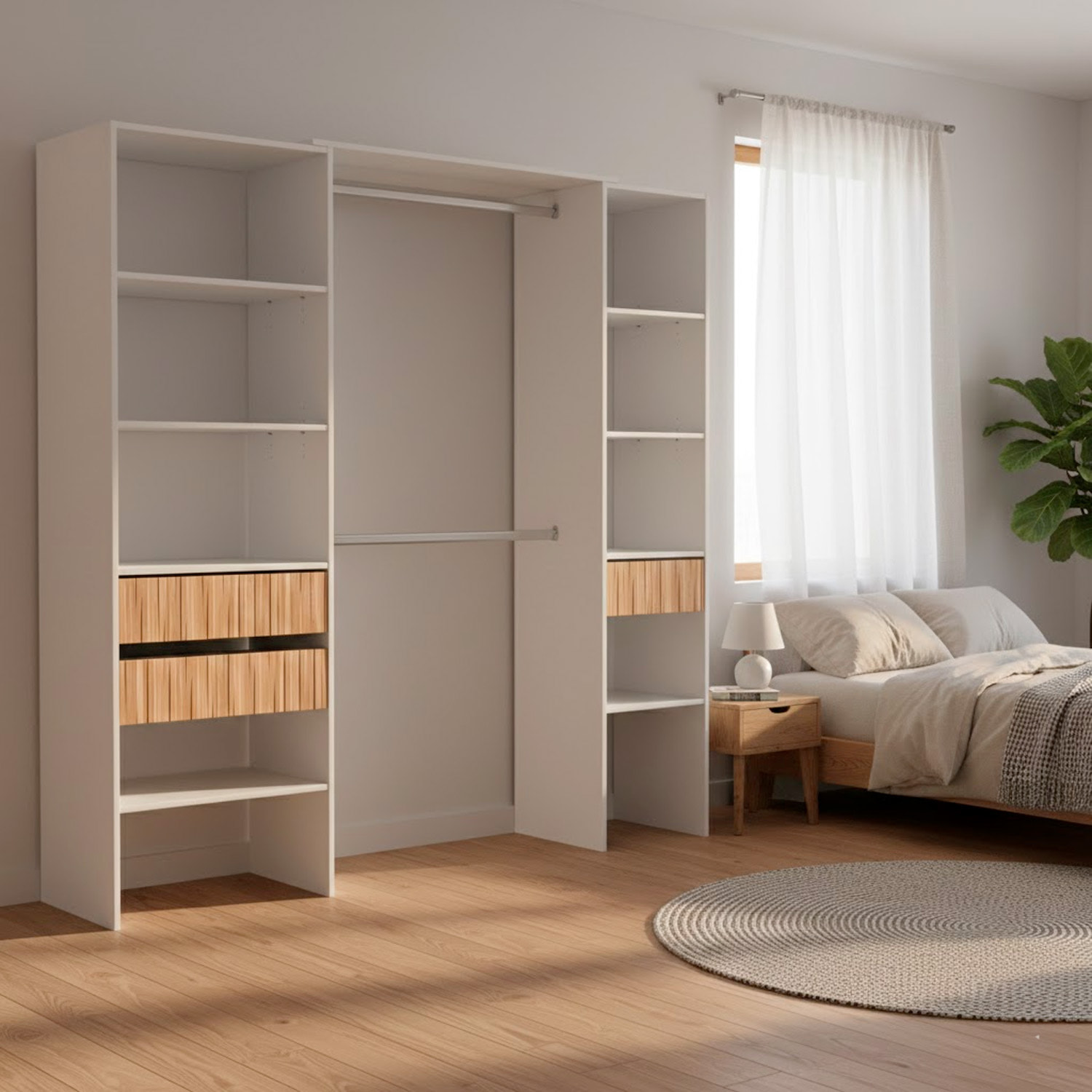 Armadio Guardaroba Aperto Con Ripiani Regolabili 3 Cassetti Doppio Appendiabiti In Alluminio Mobile Multiuso 190 x 187 x 40 Cm Bianco E Rovere Listato