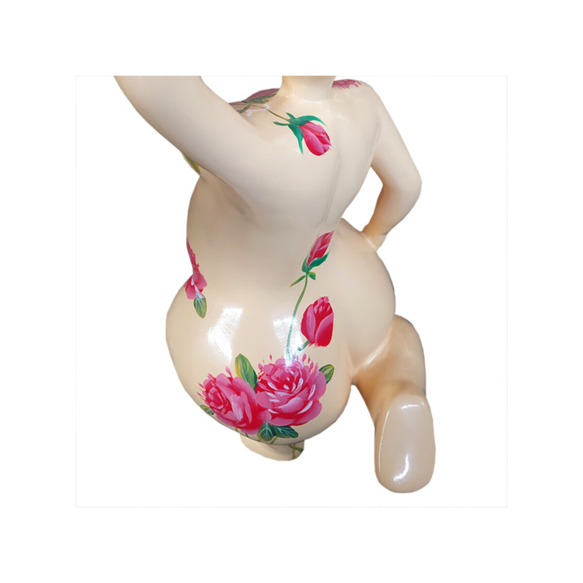 Statue femme ronde en résine beige & fleurs roses H60cm - BALERINA 03
