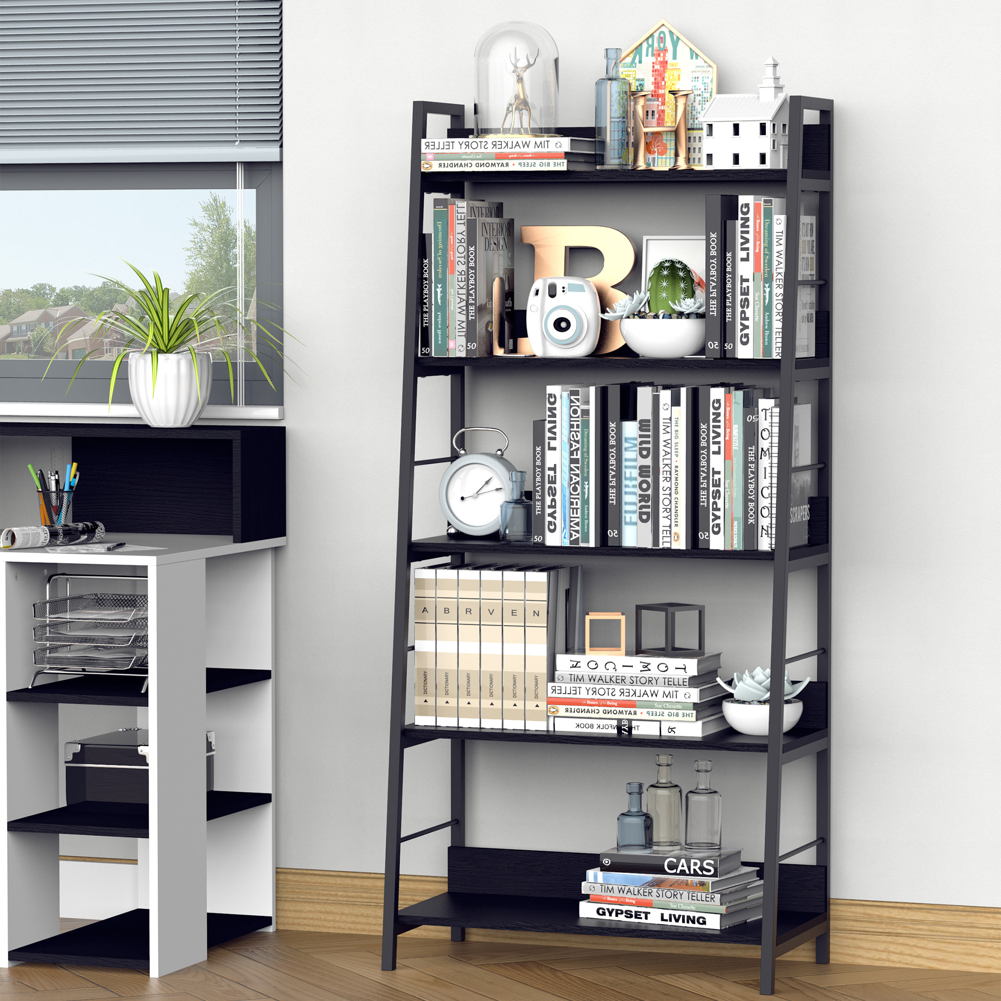 Étagère bibliothèque de rangement style industriel incliné 5 niveaux 70L x 35l x 150H cm noir