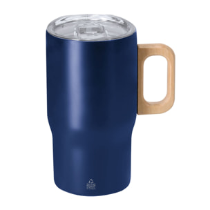 Taza térmica en Acero Inox Reciclado de doble pared con 400 ml de capacidad y asa rígida de madera para mayor comodidad. Libre de BPA.