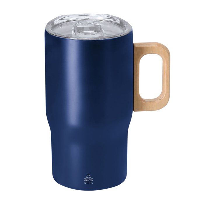 Taza térmica en Acero Inox Reciclado de doble pared con 400 ml de capacidad y asa rígida de madera para mayor comodidad. Libre de BPA.