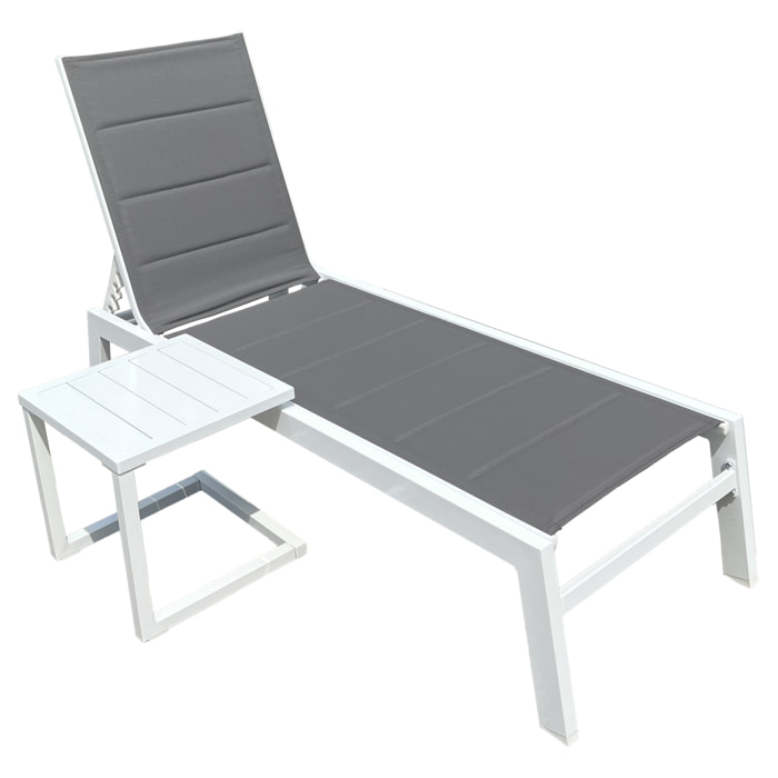 Set bain de soleil et table d'appoint BARBADOS en textilène gris - aluminium blanc