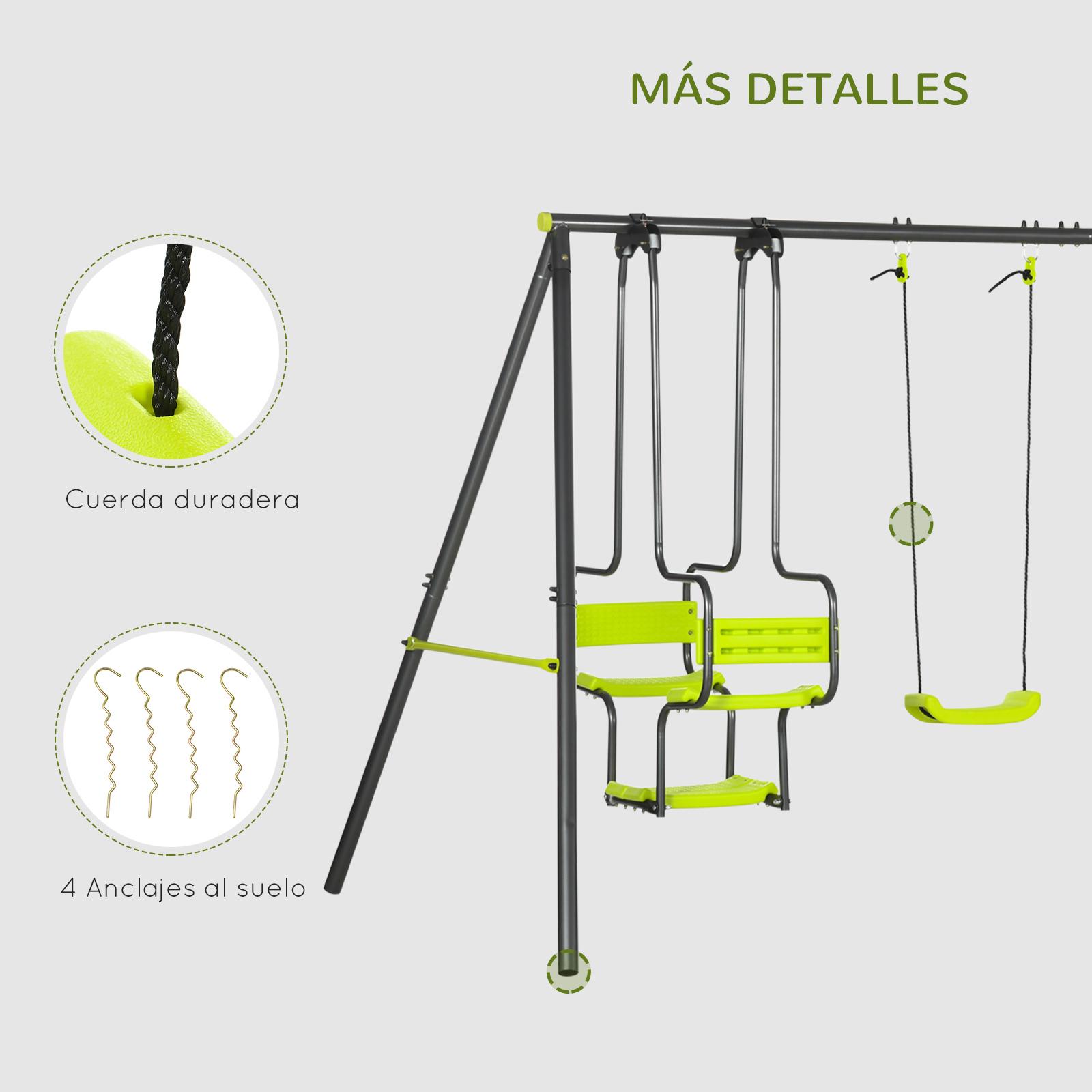 Juego de Columpio Infantil Exterior con 2 Columpios Asientos Abatibles Balancín y Marco de Acero Columpios para Niños de 3-8 Años 355x184x186 cm Verde