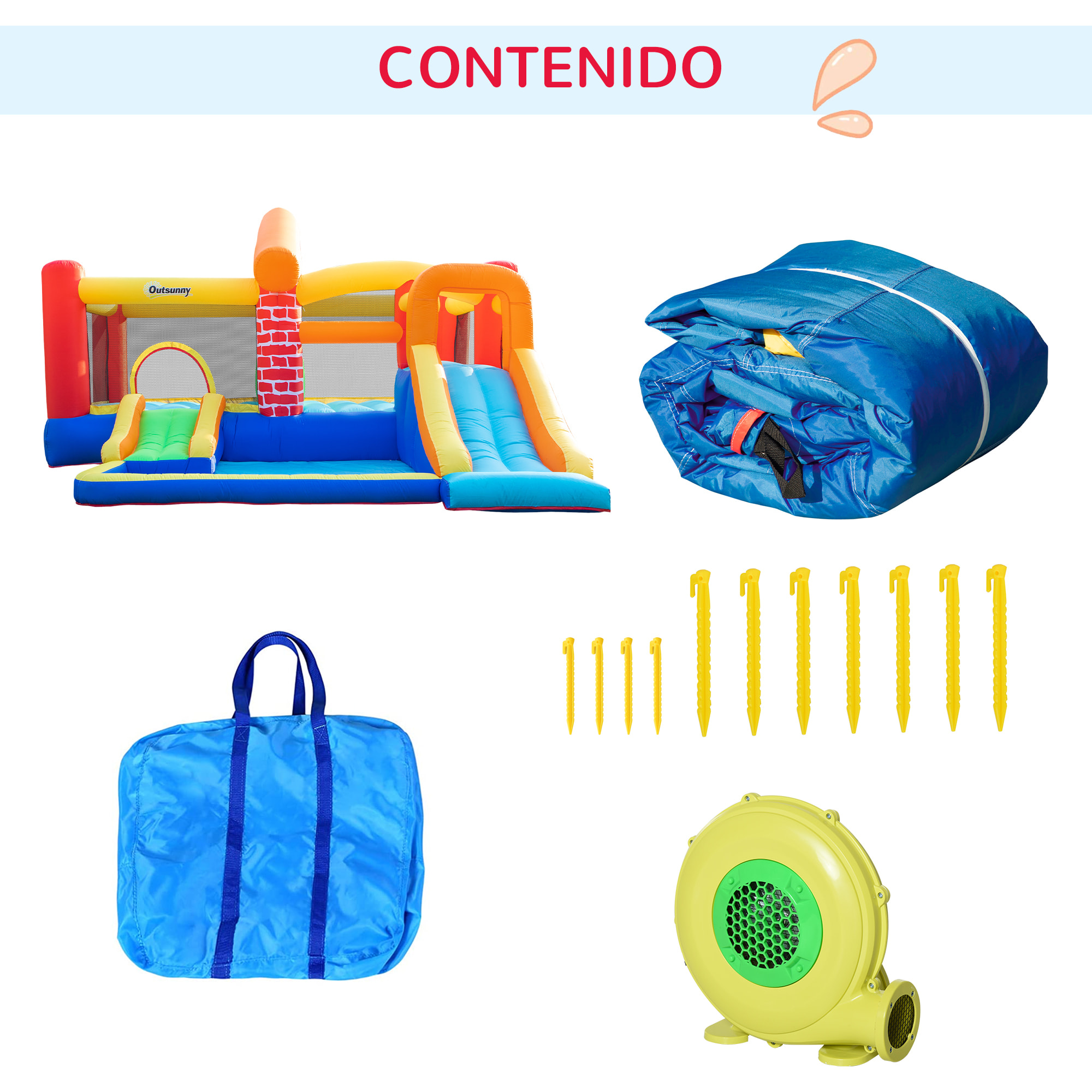 Castillo Hinchable con 2 Toboganes 2 Camas de Salto y Piscina para Niños +3 Años Incluye Inflador y Bolsa de Transporte para Interior Exterior 380x370x230 cm Multicolor