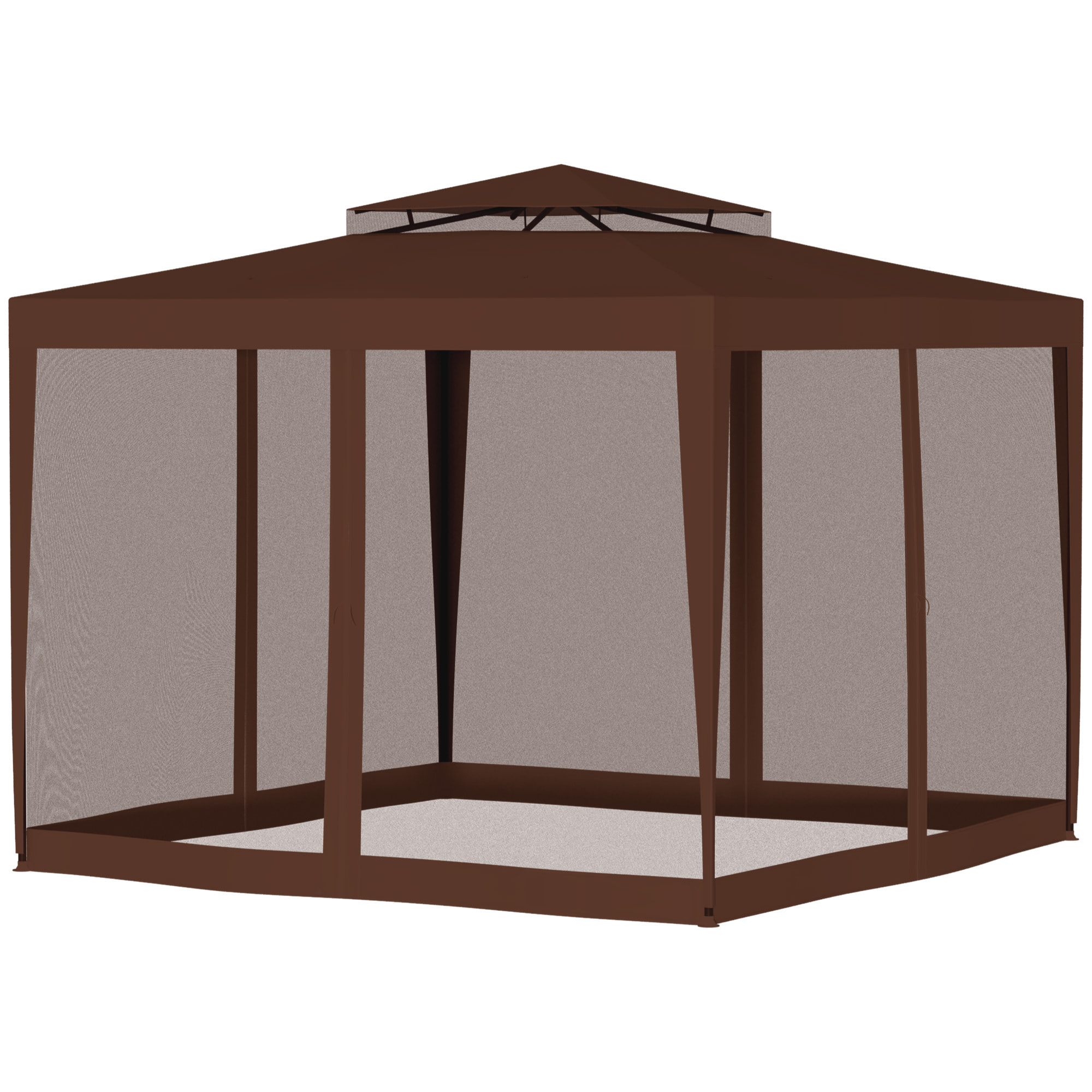 Carpa de Jardín 3x3 m Cenador Desmontable de Exterior Gazebo con 4 Mosquiteras Laterales Techo Doble y Marco Metálico Anti-UV Impermeable Pabellón para Terraza Patio Marrón