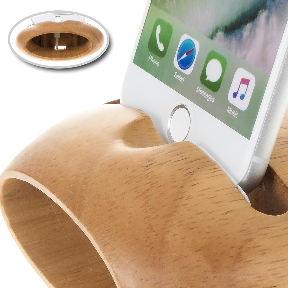 Soporte de madera para smartphone con amplificador de sonido y soporte para bolígrafo.