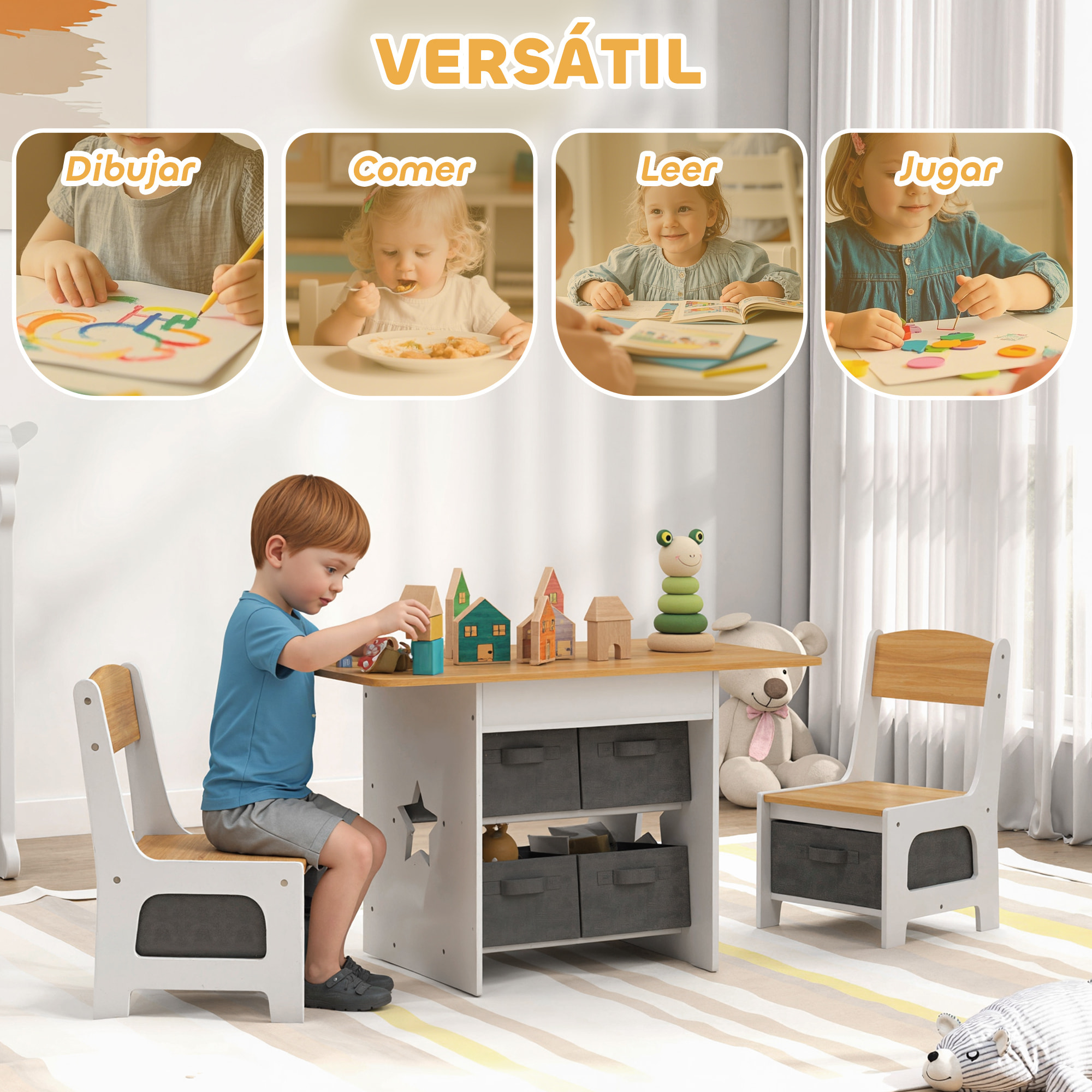 Mesa Infantil con 2 Sillas, Mesa y Sillas Infantil con 6 Cajones de Tela, Diseño Estrellas, para Niños y Niñas de 3-8 Años, para Hogar, Guardería, Aulas, Natural