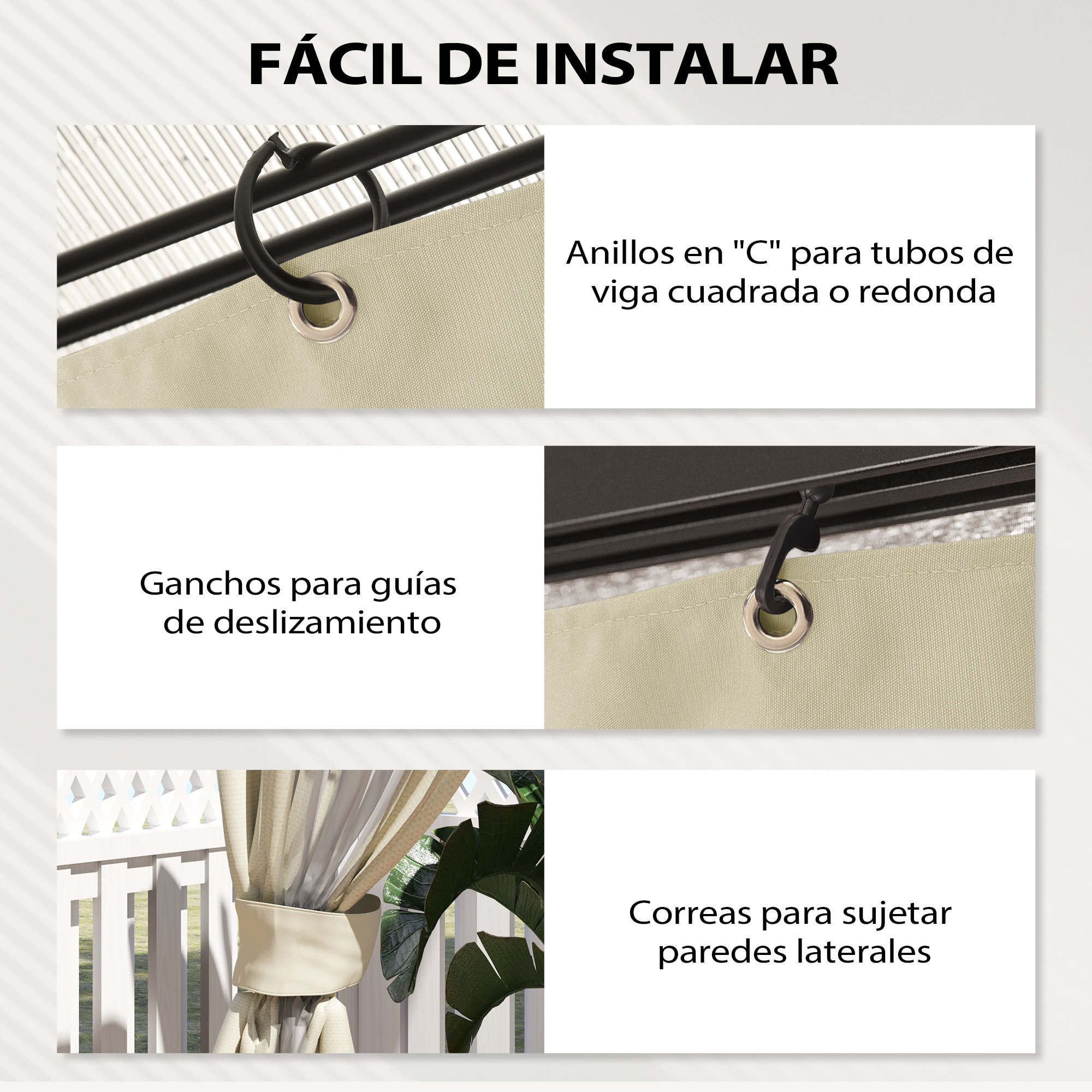 4 Paredes Laterales para Cenador 3x3 m Laterales de Carpa con Ganchos 8 Ventanas Protección UV Reemplazo Lateral para Carpa de Jardín Exterior Fiesta Crema