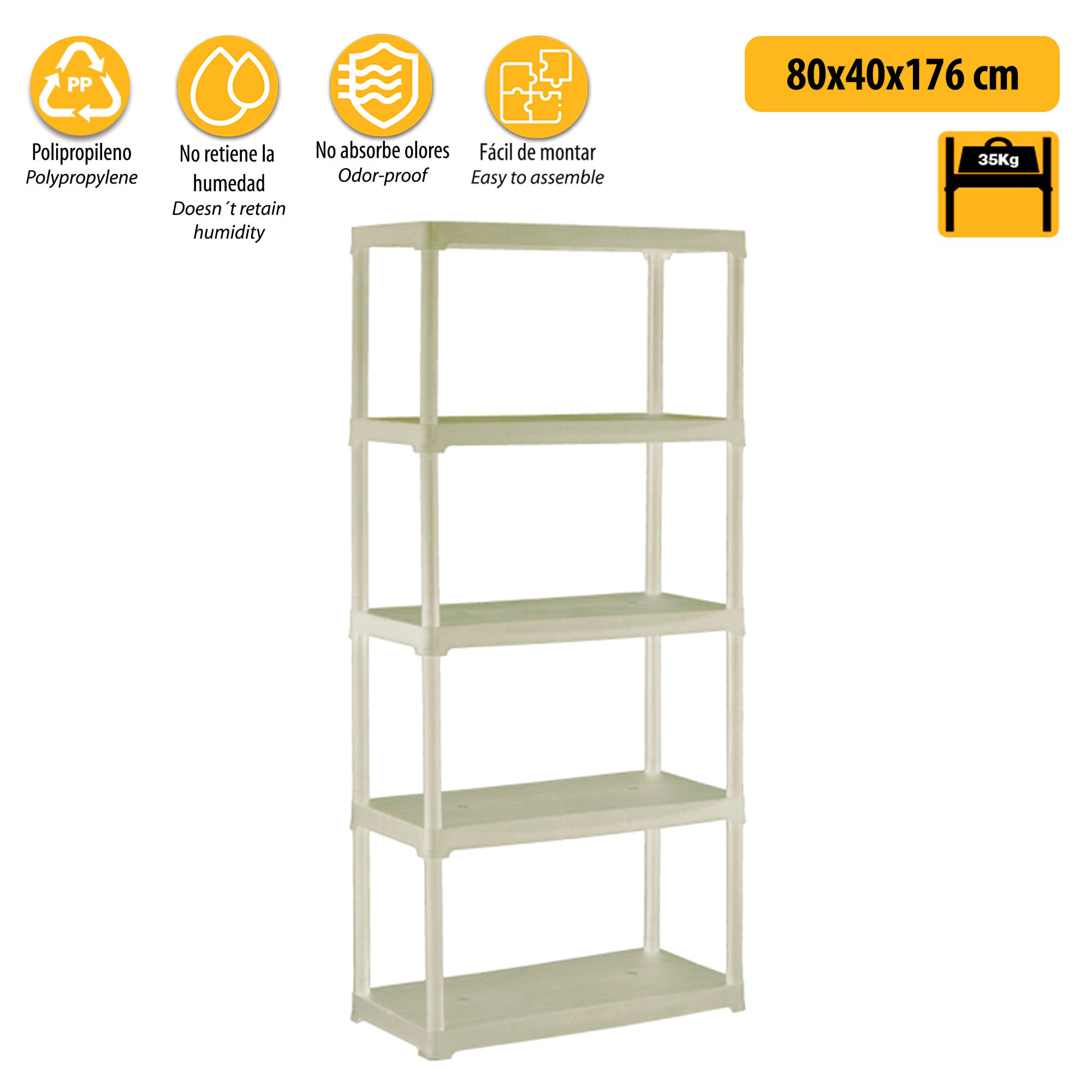Estantería 5 baldas, interior o exterior,  en polipropileno resistente agua, 100x45x176 cm