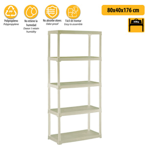 Estantería 5 baldas, interior o exterior,  en polipropileno resistente agua, 100x45x176 cm