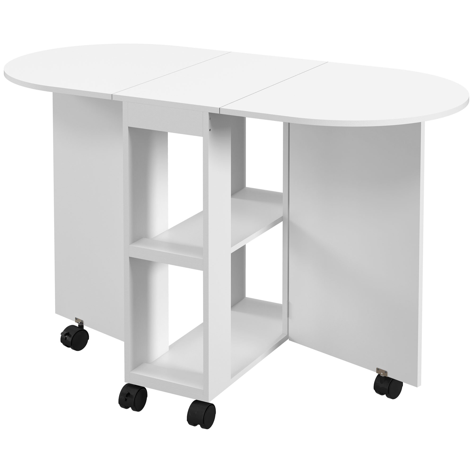 Mesa de Comedor Plegable Mesa de Cocina Moderno con Ruedas Laterales Abatibles y 2 Estantes Abiertos Carga 80 kg 120x60x77 cm Blanco