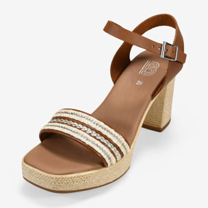 Sandalias marrrones en piel con tacón efecto esparto