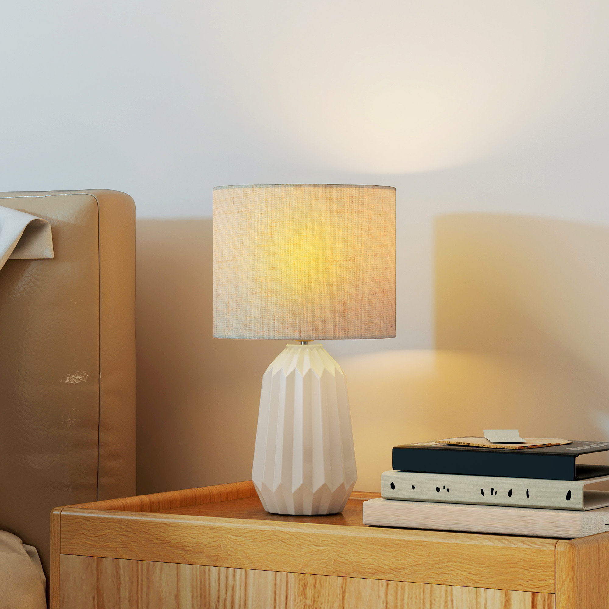 Lámpara de Mesa con Base de Cerámica y Pantalla de Lino Lámpara de Mesita de Noche de Estilo Retro con Interruptor para Dormitorio Salón E27 40W Blanco y Beige