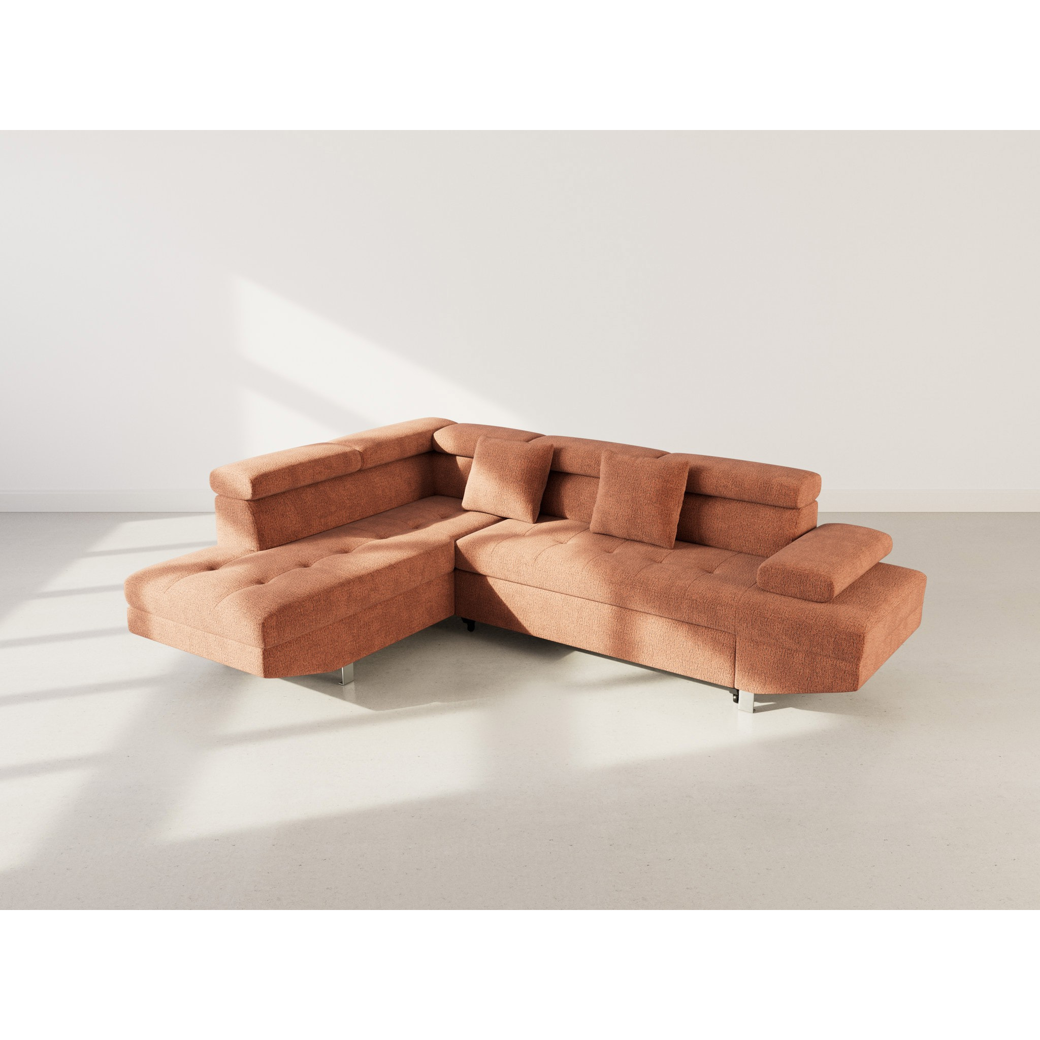 Margaux - Canapé d'angle gauche 5 places convertible avec coffre et têtières réglables en velours texturé - Terracotta