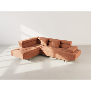 Margaux - Canapé d'angle gauche 5 places convertible avec coffre et têtières réglables en velours texturé - Terracotta