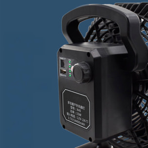 Ventilatore esterno X45 con luce LED, 18W e velocità regolabile. Appendi o in piedi, angolo regolabile e powerbank di 14400 mAh.