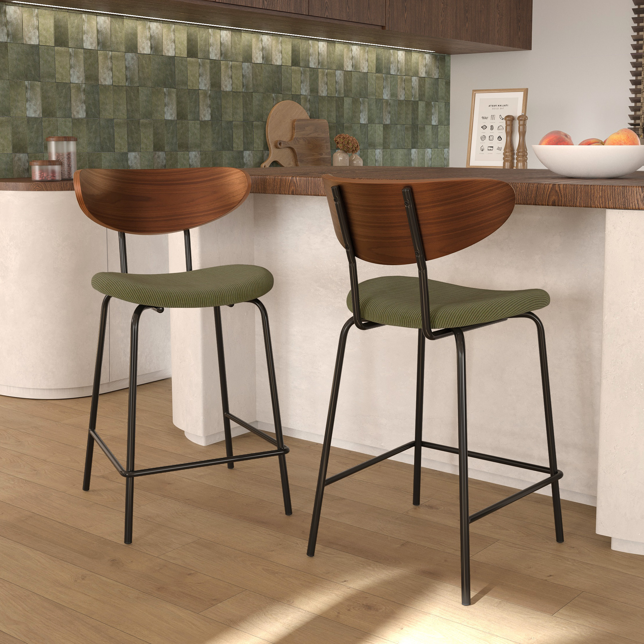 Lot de 2 chaises pour îlot central en velours côtelé kaki 64.5 cm - Jade