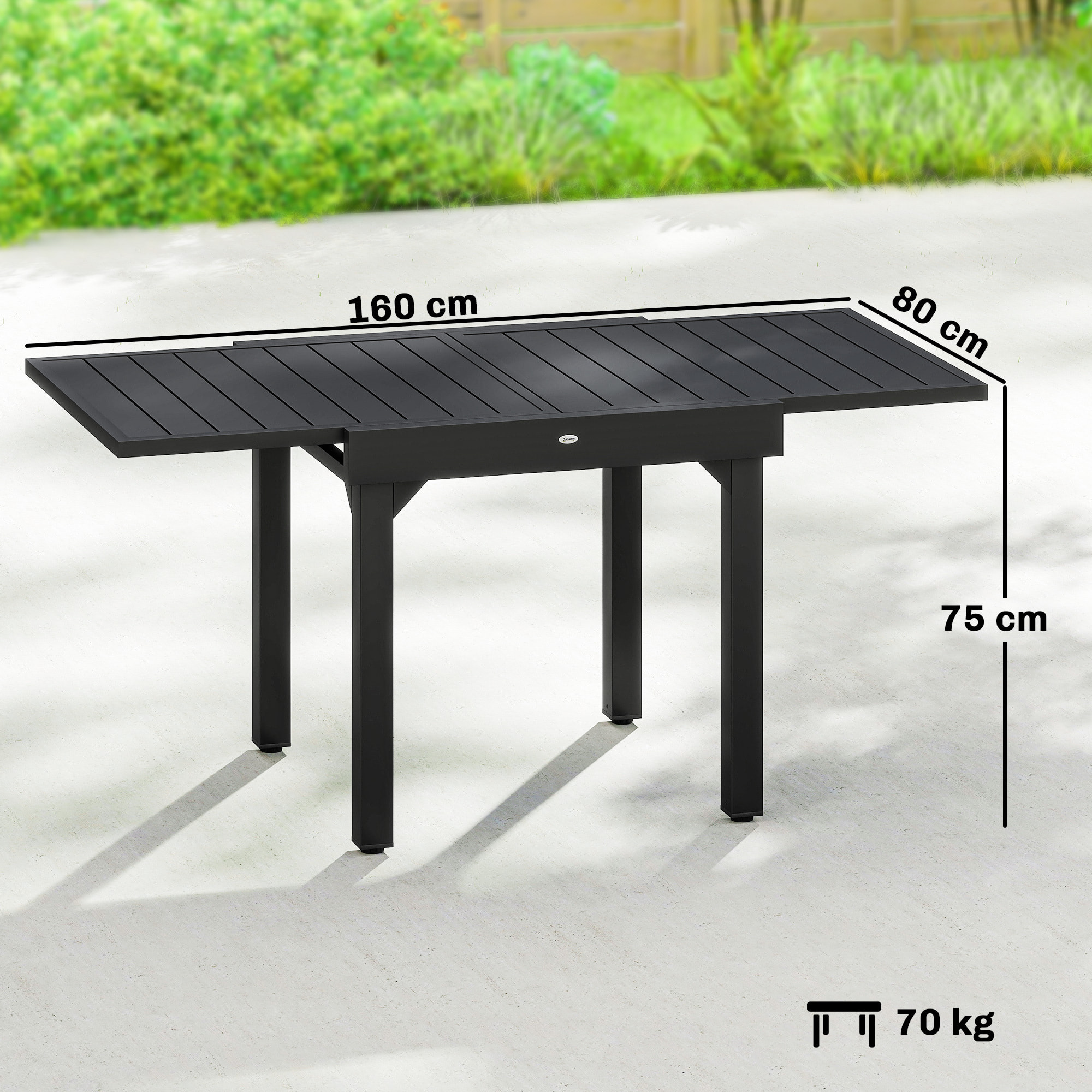 Mesa de Jardín Extensible, Mesa de Comedor Exterior Extensible 80/160x80 cm, de Aluminio, con Superficie de Lamas, Carga 70 kg, Mesita Rectangular para 4-6 Personas, para Patio, Terraza, Negro