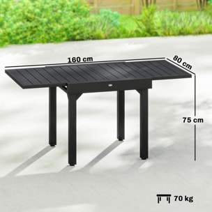 Mesa de Jardín Extensible, Mesa de Comedor Exterior Extensible 80/160x80 cm, de Aluminio, con Superficie de Lamas, Carga 70 kg, Mesita Rectangular para 4-6 Personas, para Patio, Terraza, Negro