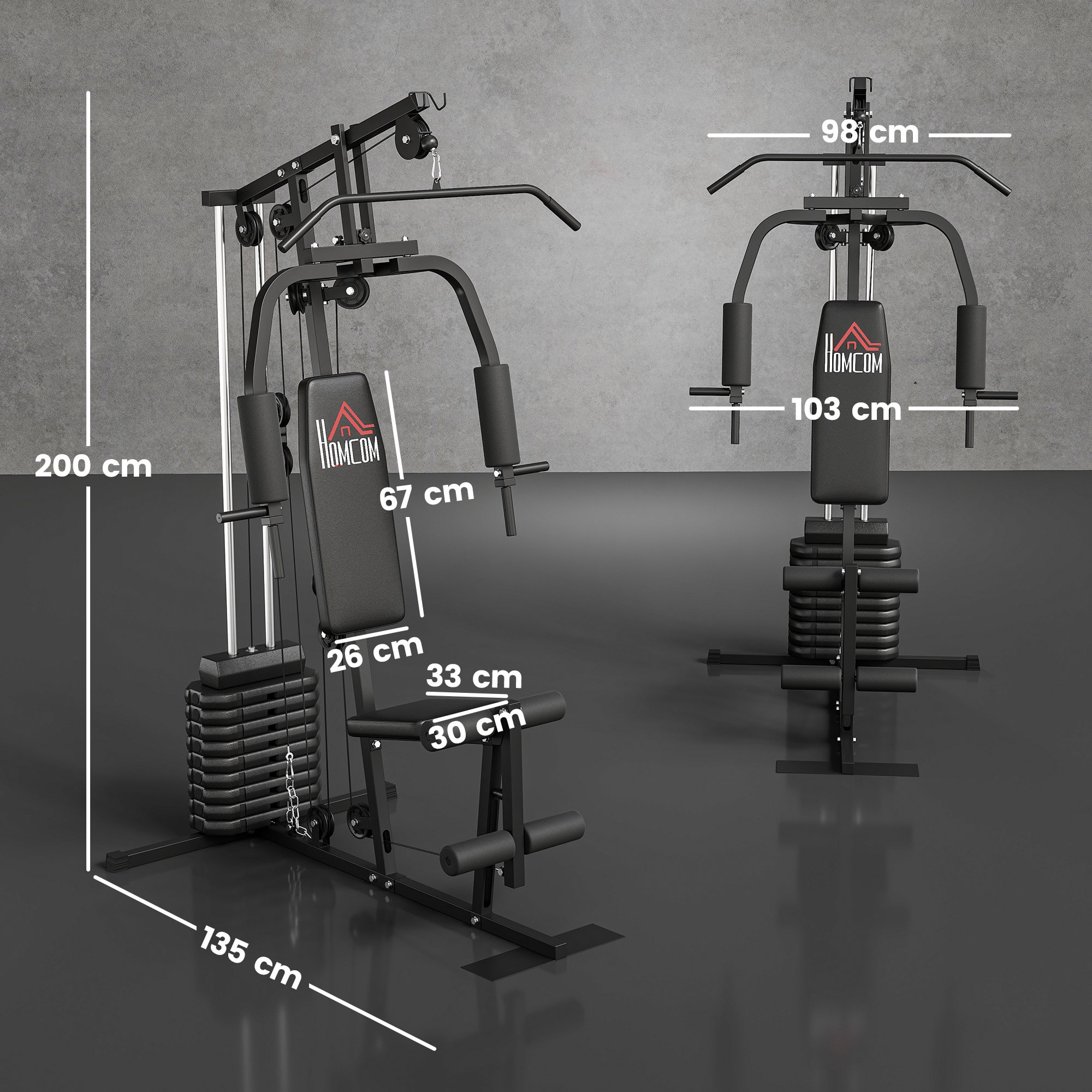 Multiestación Musculación, Máquina de Musculación con Prensa de Pecho, Placas de Peso de 45 kg, Curl de Piernas y Polea Mariposa, Carga 100 kg, para Entrenamiento Casa Gimnasio, Negro