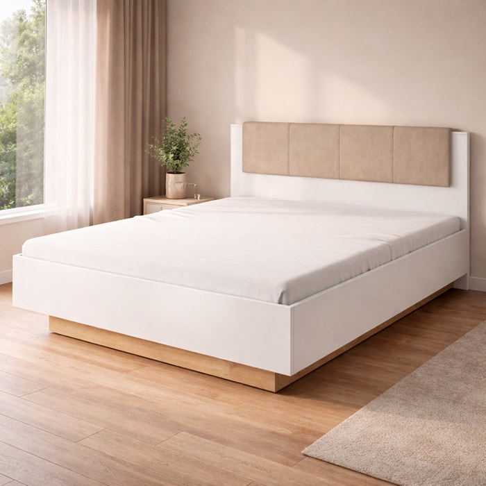 Testiera Imbottita Con Contenitore Letto Matrimoniale Mobile Camera Da Letto Struttura Moderna Zona Notte 165 x 104.5 x 210 Cm Bianco E Rovere