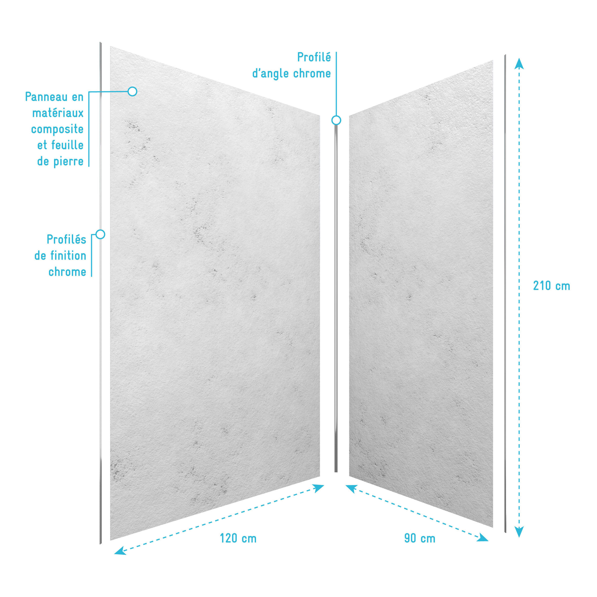 Pack de 2 Panneaux Muraux Pierre Light Grey 90+120x210 cm avec Profilés ANODISE BRILLANT - STONE'IT