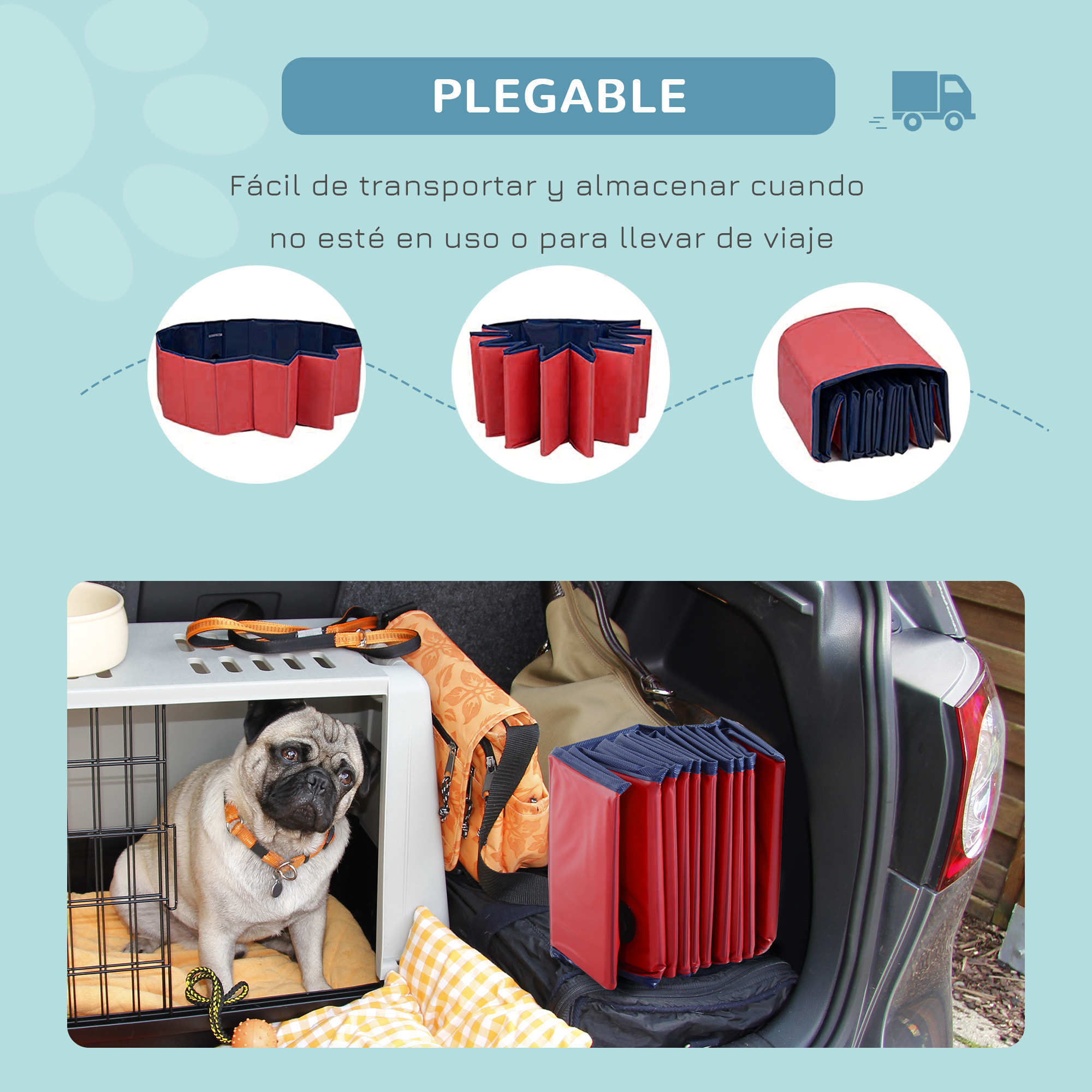 Bañera Plegable para Mascotas de PVC y Madera 140x30cm Rojo