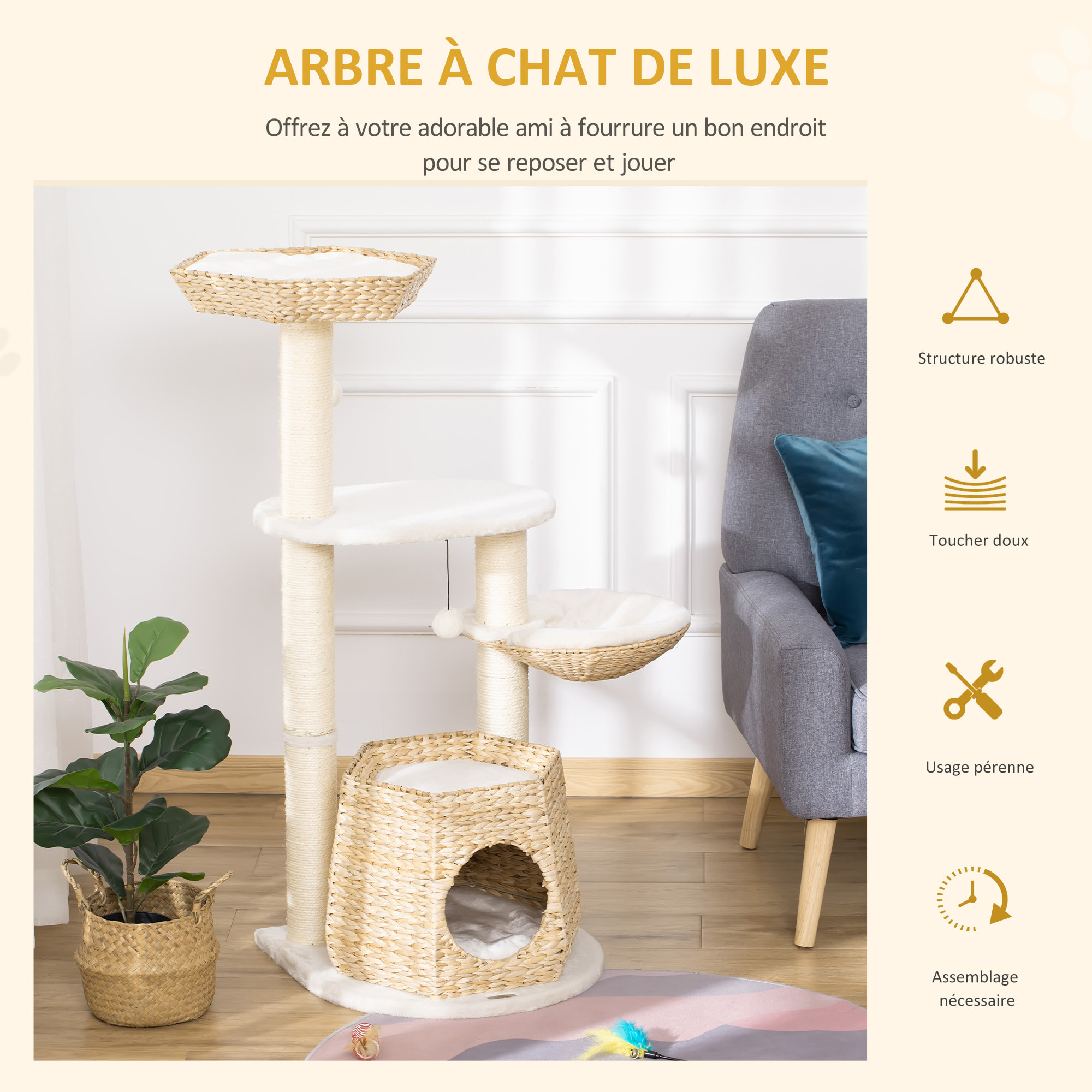 Arbre à chat style cosy chic griffoirs sisal naturel niche 2 paniers avec coussins plateforme 2 boules suspendues quenouille peluche courte crème beige