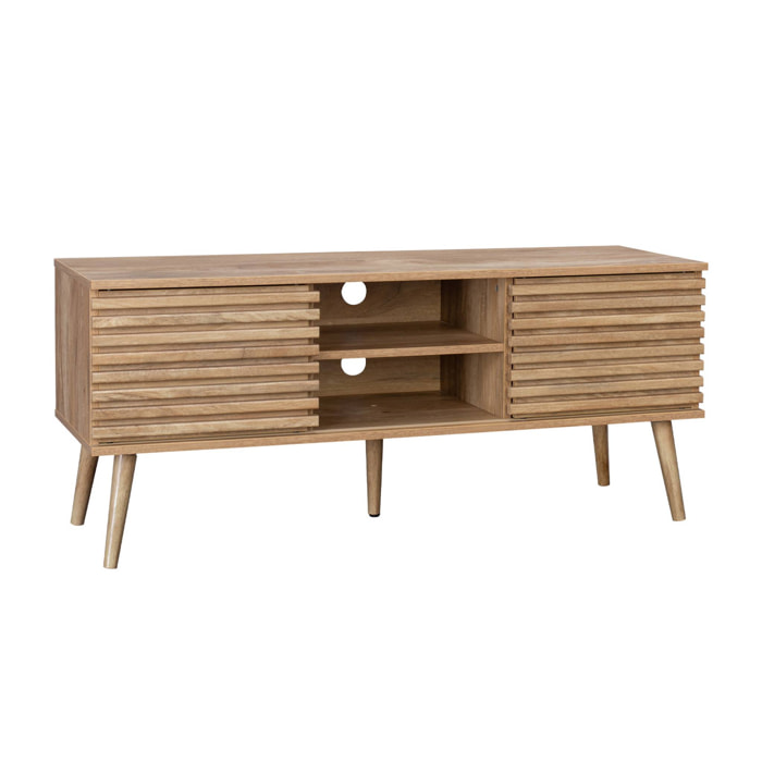Meuble TV scandinave avec 2 portes décor bois rainuré et 1 niche centrale avec étagère L120cm