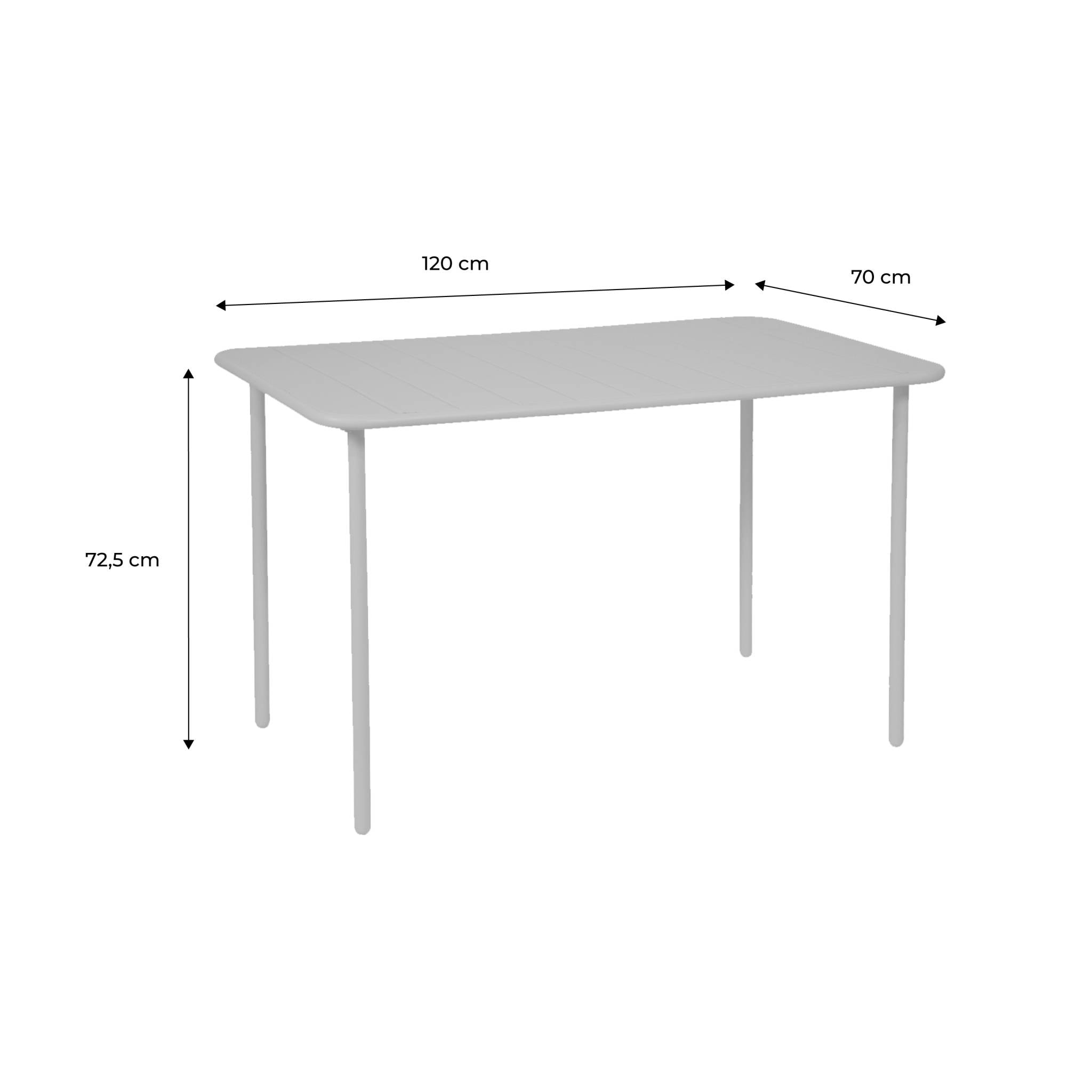 Table de jardin métal 4 places. vert. Amelia. 120x70cm. traitement antirouille. lattes et bords arrondis
